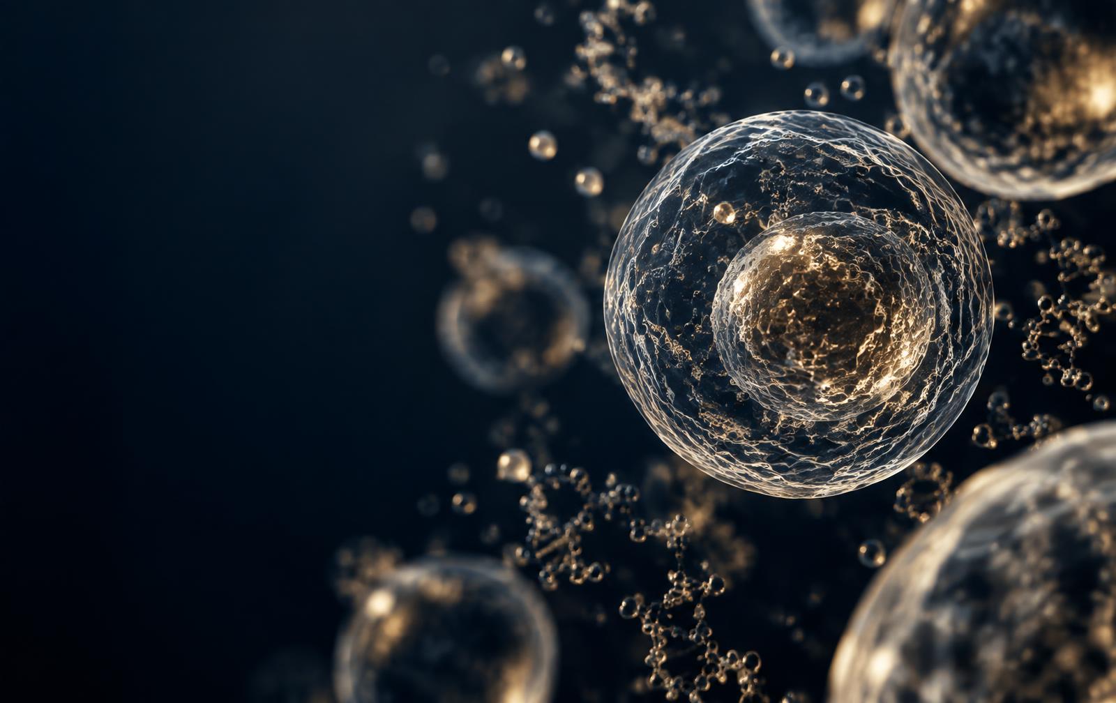 Cellular structure rendered in glass and gold